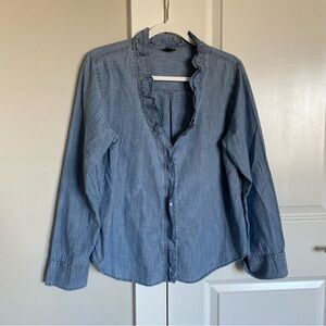GAP 100% Cotton Ruffle Trim Western Rodeo Chambray Curved Hem Prep Button Down